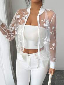 SHEIN Elenzya Women's Casual Floral Embroidery Sheer Mesh Zip-Up Lightweight Bomber Jacket, Spring/Summer - White - View 1
