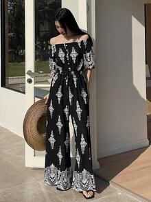 DAZY Women's Off-Shoulder Vacation Style Printed Loose Straight Leg Jumpsuit, Casual City Wear Summer Romper - Black - View 1