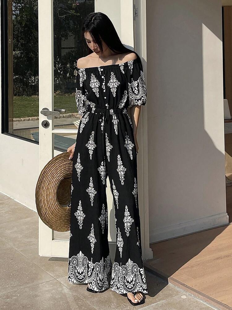 Women's Off-Shoulder Vacation Style Printed Loose Straight Leg Jumpsuit, Casual City Wear Summer Romper