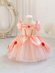 SHEIN Glamorique Kids 西瓜粉公主裙，西瓜粉缎面蓬蓬裙，舞会礼服，优雅派对礼服，夏季，春季，圣诞节儿童礼服，派对服装，圣诞老人礼服，新年礼服，圣诞节，女婴万圣节礼服，女婴舞会礼服，女婴，公主裙，红黄丝带舞台，红色宝石，立体玫瑰表演，华丽礼服，秋冬新款 - 西瓜粉 - 查看 3
