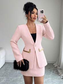 Elenzga Bộ đồ nữ màu đỏ vải tweed đính sequin thời trang mới thu đông 2025, kiểu dáng thanh lịch, gồm 2 món. - Màu Hồng baby - Xem 6