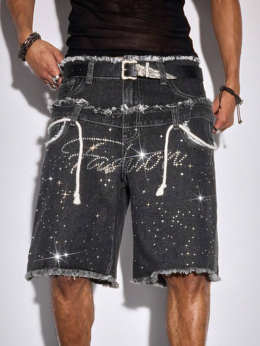 ROMWE MEN Men's Pocketed Distressed Waistband Rhinestone Embellished Denim Shorts - Grey - View 1