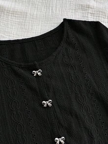 Soleia Women's Round Neck Jacquard Bow Tie Single-Breasted Casual Versatile Daily Wear Short Sleeve Top - Black - View 6