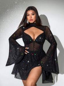 Viva Relle Plus Size Women's Sequin Glitter Shiny Mesh High Stretch Party Dress A-Line Outgoing Party Dress, Suitable For Valentine's Day - Black - View 2