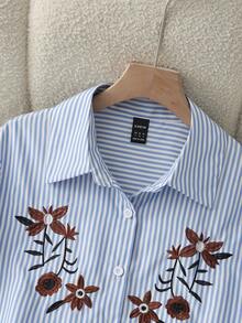 Franclia Blue And White Striped Embroidered Floral Shirt Without Belt. Suitable For Various Occasions Including Commuting, Vacations, And More. - Blue and White - View 4