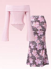 Sparklyn 两件套少女罗纹露肩荷叶边蝴蝶结装饰不对称下摆长袖修身可爱T恤和女士休闲假日印花长裙套装，粉色，适合派对、返校、优雅法式、公主风、婚礼、生日等场合。 - 珊瑚粉 - 查看 2