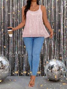 Rometta 大码夏季时尚亮片圆领无袖宽松背心，适合新年假日派对穿着 - 藕粉色 - 查看 3