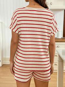 SHEIN Maternity Striped Round Neck Short Sleeve Top And Adjustable Waist Shorts Casual Outfit World Cup - Red and White - View 2