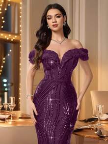 Coutiva Autumn Winter Elegant Sequin Positioning Splicing One-Shoulder Ruffle Hem Slim Mermaid Skirt Formal Evening Dress,Party,Wedding Guest,Graduation - Dark Purple - View 3