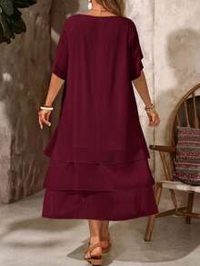 Vestido casual de talla, cuello redondo, sin botones, bajo asimétrico y fluido, estilo bohemio, adecuado para primavera y verano - Óxido marrón - Ver 7