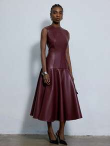 Aveloria Modichic Robe élégante rouge bourgogne avec jupe évasée, design de ceinturage à la taille, col rond, sophistiquée et minimaliste, polyvalente pour le travail et les tenues décontractées - Rouge foncé - Voir 2