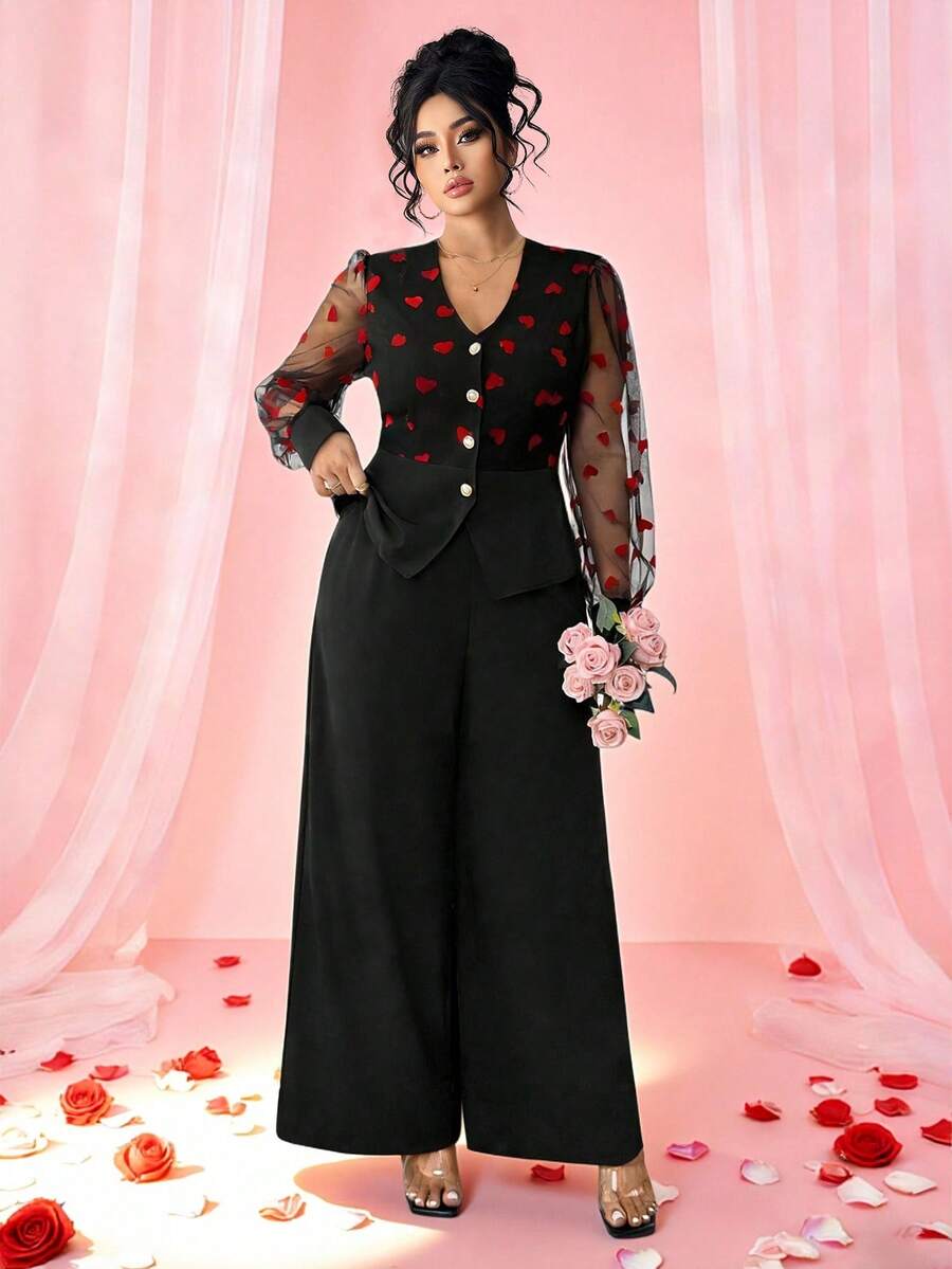 Elenzga Conjunto de 2 piezas elegante para fiesta de otoño en talla grande, color negro y rojo, cárdigan con cuello en V, mangas abullonadas con patchwork de malla en forma de corazón, botones de perla, bajo asimétrico, pantalones - Negro - Ver 1