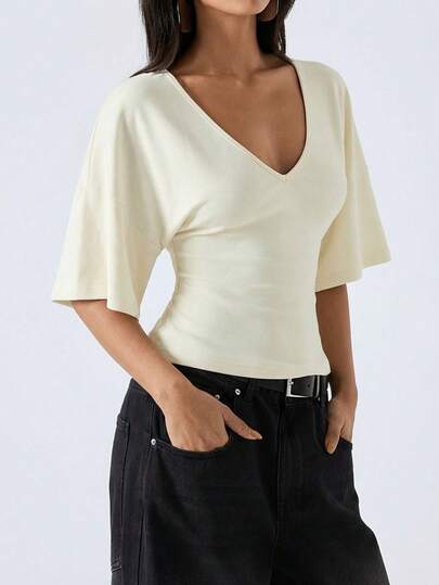 LYSMO 2026 New Arrival Women's Simple Solid Color Flare Sleeve Shirt, Versatile For Commuting/Christmas/New Year/Thanksgiving/Graduation, Elegant & Fashionable, Casual Comfortable Homewear, Deep V-Neck Design, Fig Color