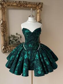 Lovelzi Đầm dạ hội ngắn dáng chữ A cổ trái tim, eo thon, màu đỏ thanh lịch và sang trọng dành cho nữ, làm từ vải jacquard dệt thủ công, đính ngọc trai. - Màu xanh lá cây đậm - Xem 5