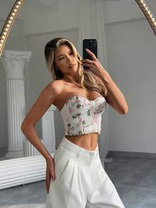 Aloruh Women Elegant Romantic Fashion 3D Floral Embroidery Mesh Bodycon Tank Top - White - View 5