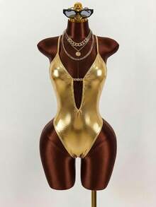 Amplova 1pc Women's Halter Neck One-Piece Swimsuit, Sexy Cutout Design With Metal Accents, Ruched Waist, Open Back With Tie, Suitable For Vacation - Apricot - View 1