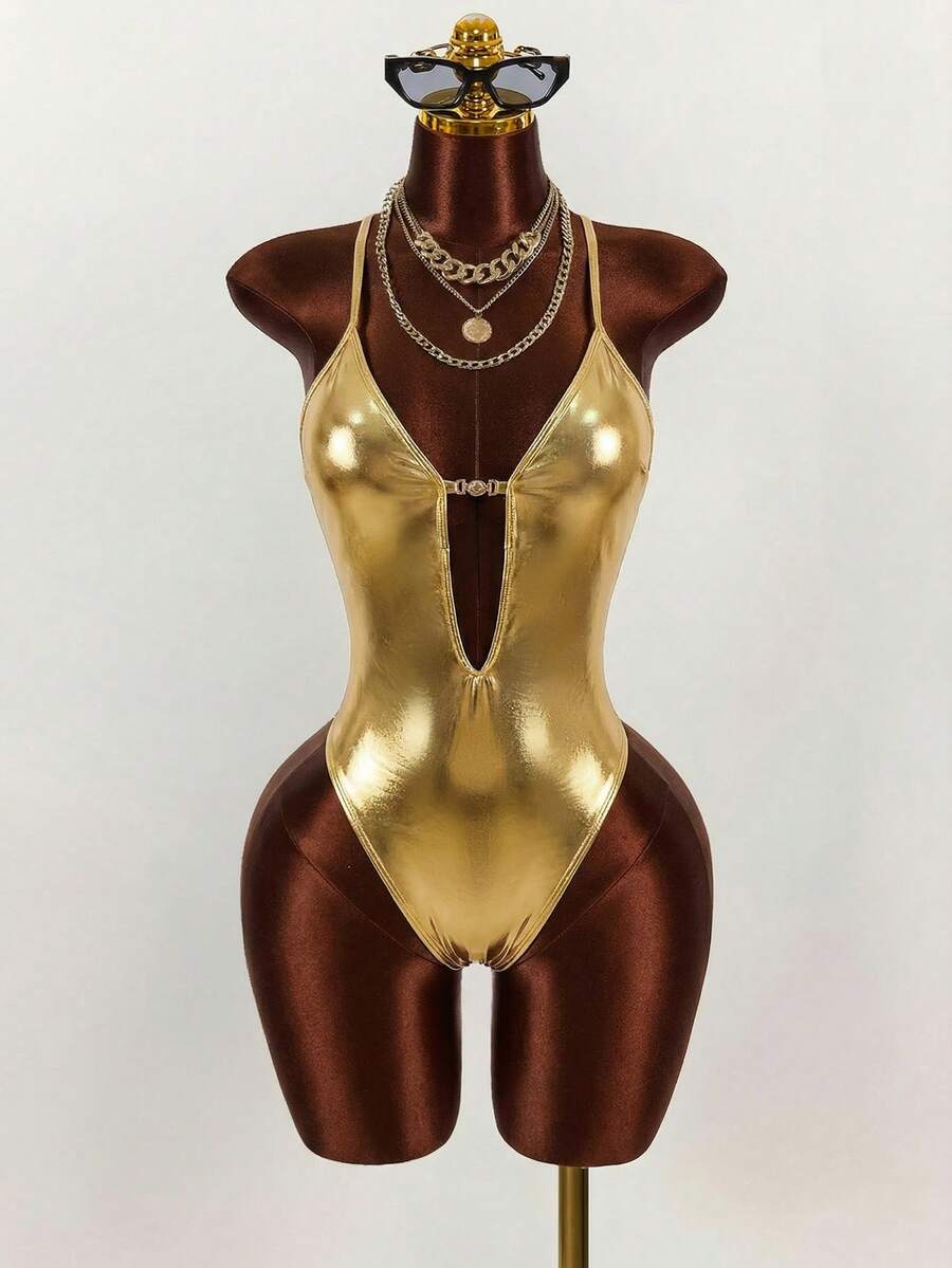 Amplova 1pc Women's Halter Neck One-Piece Swimsuit, Sexy Cutout Design With Metal Accents, Ruched Waist, Open Back With Tie, Suitable For Vacation - Apricot - View 1