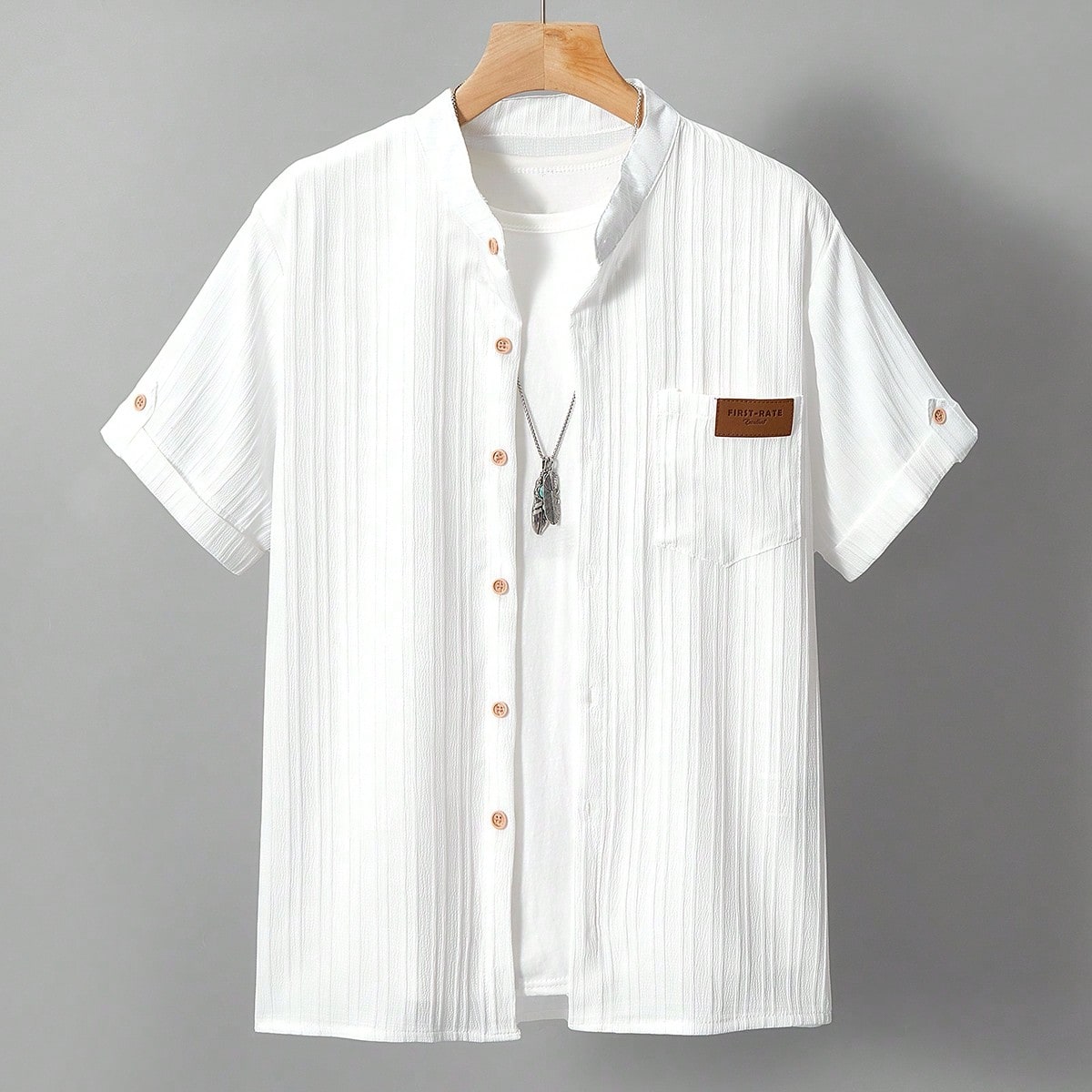 Camisa de cuello alto con textura y rayas para adolescentes varones, cómoda y versátil para uso diario, ir al trabajo y vacaciones