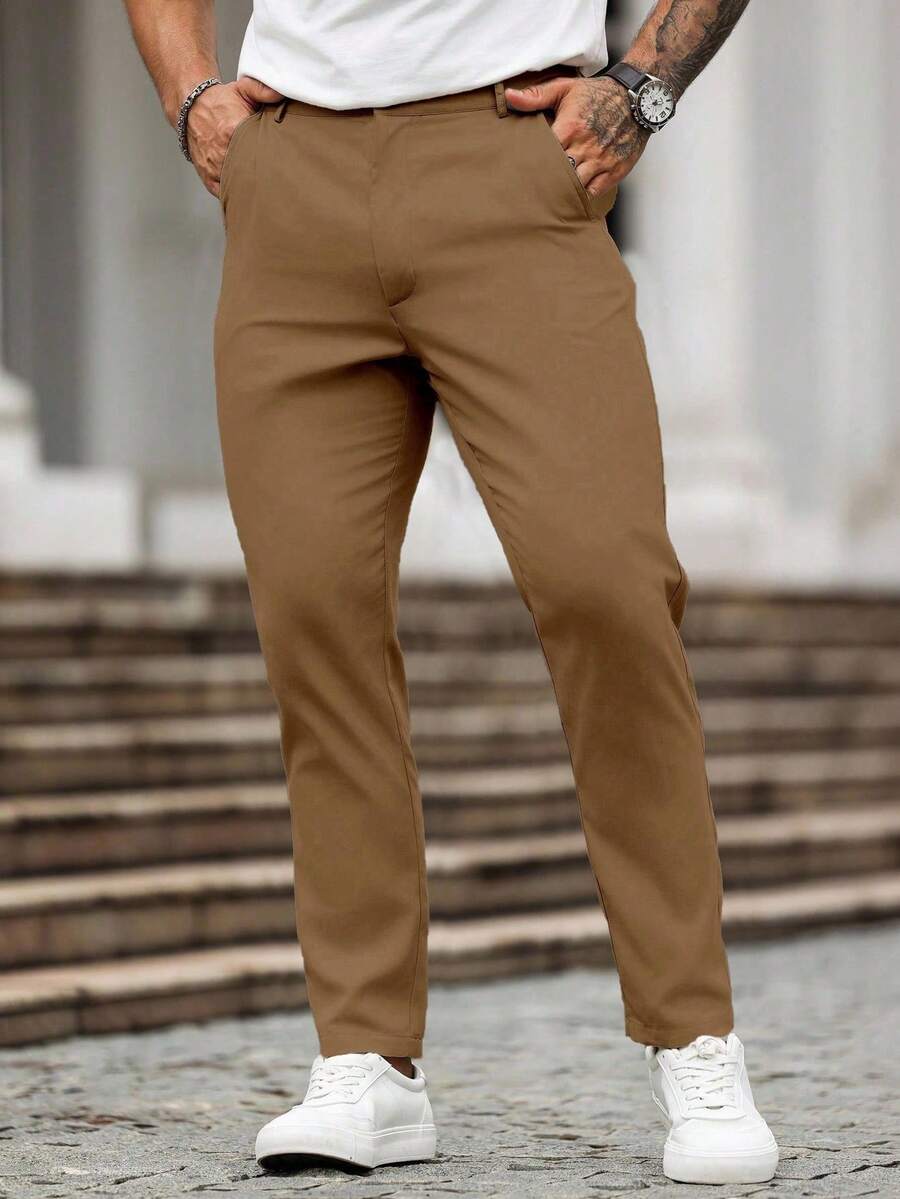 Manfinity Homme Pantalones de vestir casuales de unicolor con bolsillo para hombres - Café integral - Ver 1
