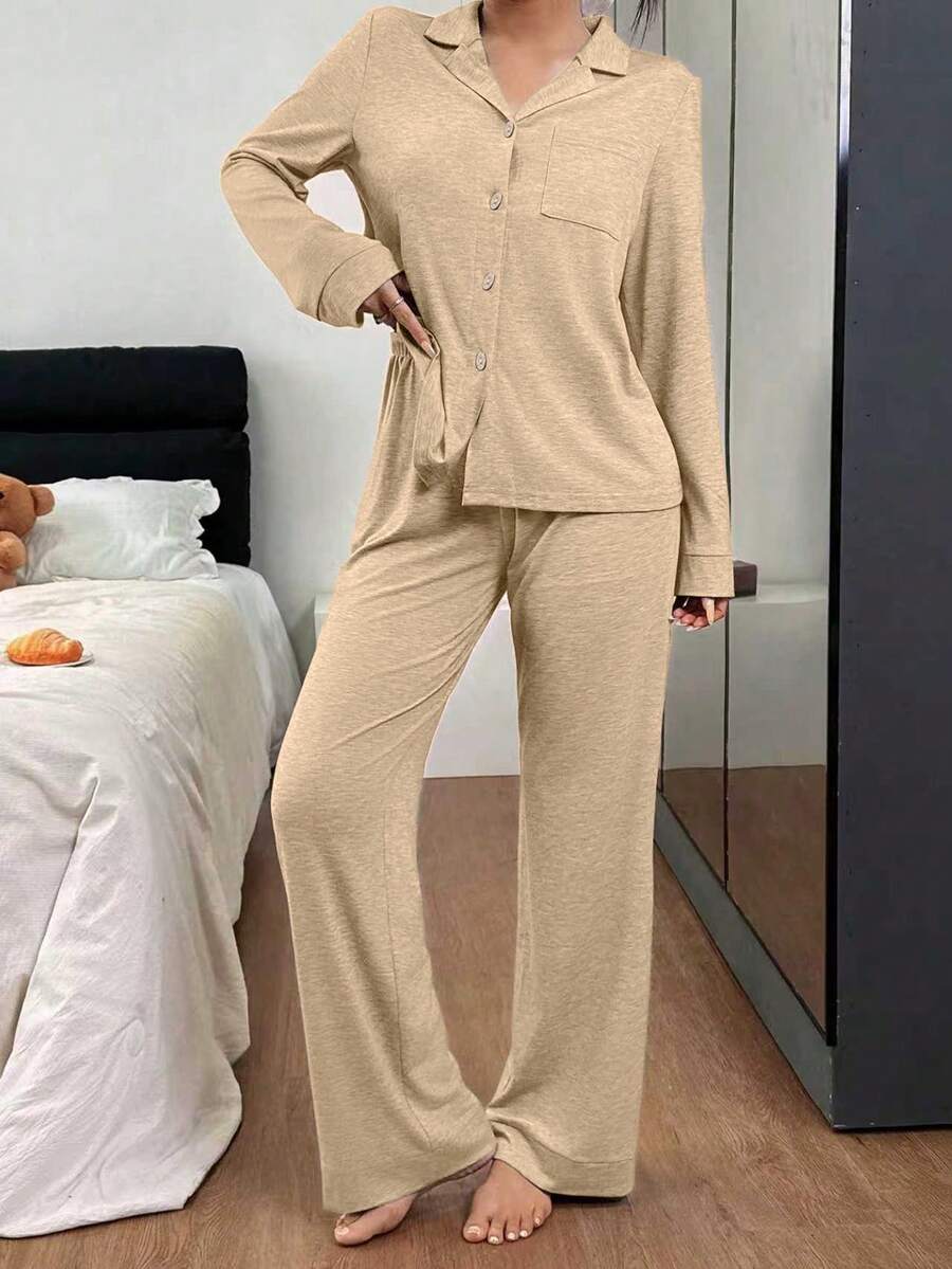 SHEIN 女士宽松舒适针织领长袖睡衣套装 - 卡其色 - 查看 1