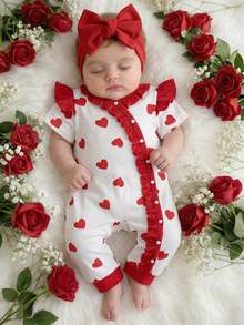 SHEIN 2件套婴儿男女通用婴儿幼儿新生儿0-3岁情人节爱心图案荷叶边按扣连体衣和红色发带套装，春夏款，适合新年、情人节、生日派对、节日、周岁生日、拍照、新生儿连体衣、男女通用连体衣 - 紅白色 - 查看 9
