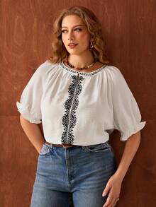 Roveilla Plus Size Women's Spring/Summer French Romantic Sicily Elegant Casual Commute Bohemian Vacation Round Neck Raglan Sleeve Elastic Cuff Ruffle Collar Embroidered Front Short Sleeve Blouse - White - View 7
