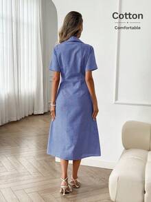 Easowa 女士格子印花纽扣短袖中长连衣裙 - 藍白色 - 查看 8