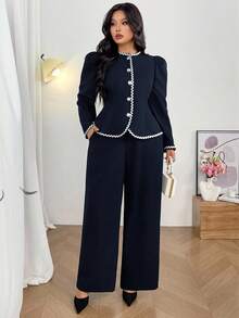 Firerie Bộ đồ đôi 2 mảnh dành cho nữ cỡ lớn, phong cách thường ngày thanh lịch, tối giản, đa năng, gồm áo tay dài và quần ống rộng, thích hợp cho kỳ nghỉ, mùa xuân/thu. - Màu xanh hải quân - Xem 5