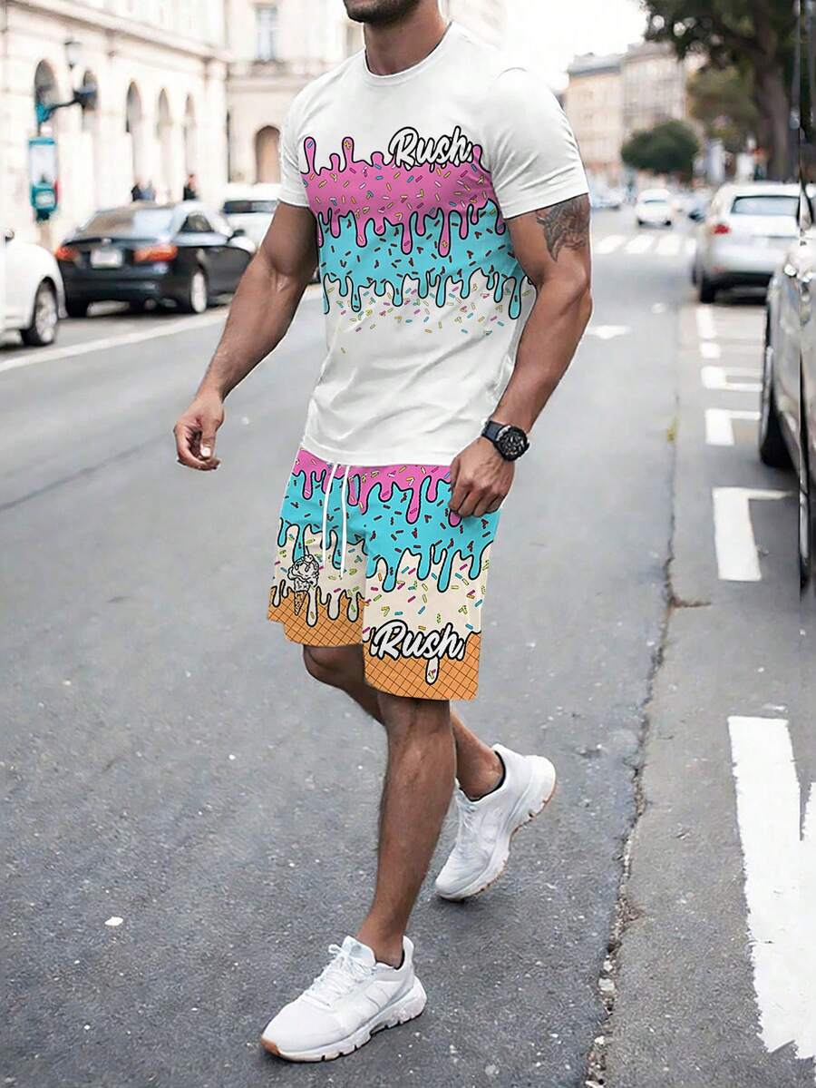 Manfinity RSRT Bộ đồ nam Rush Ice Cream Drip Print - Áo thun ngắn tay và quần short phối màu gradient, phong cách thể thao thường ngày 2 mảnh. - Nhiều màu - Xem 1