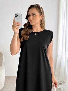 SHEIN Essnce 大码女装春夏时尚休闲宽松舒适日常百搭基础款宽肩无袖黑色长连衣裙，带口袋，夏季穿搭，简约风格，侧开衩长裙 - 黑色 - 查看 5