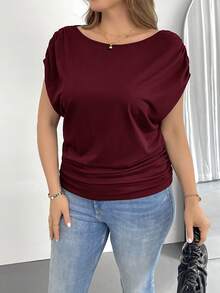 SHEIN Essnce 大码女装春夏时尚休闲宽松舒适日常百搭修身黑色露肩短袖T恤，简约风格，适合工作场合、欧洲夏季、露肩上衣、女士教堂着装、教师服装 - 酒紅色 - 查看 5