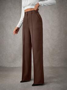 EURMUSE Women's Solid Pleated Seam Detailed Suit Pants - Chocolate Brown - View 6
