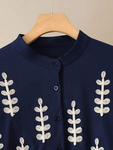 Lacomfia 大码女式休闲两件套，宽松纯色刺绣衬衫上衣搭配休闲阔腿裤，春秋季 - 藏蓝色 - 查看 6