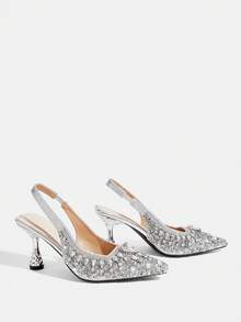 CUCCOO TILAWA 奢华金色水晶高跟凉鞋，手工镶钻镀金全铆钉凉鞋，适合婚礼、度假、派对、夜店及其他圣诞节场合。 - 銀色 - 查看 3