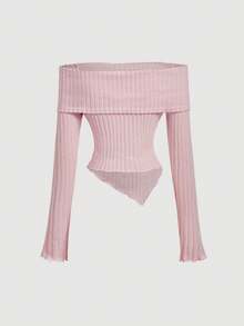 SHEIN MOD Petite 女士休闲不对称下摆露肩蝴蝶结装饰T恤，秋季款 - 粉色 - 查看 2