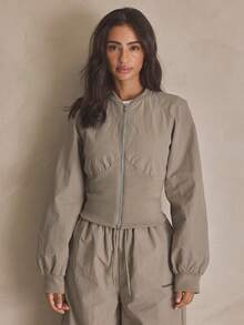 MUSERA Cinched Nylon Zip Through Cropped Jacket Summer, Sporty, Casual, Day, Streetstyle, Streetwear - Olive Green - View 1