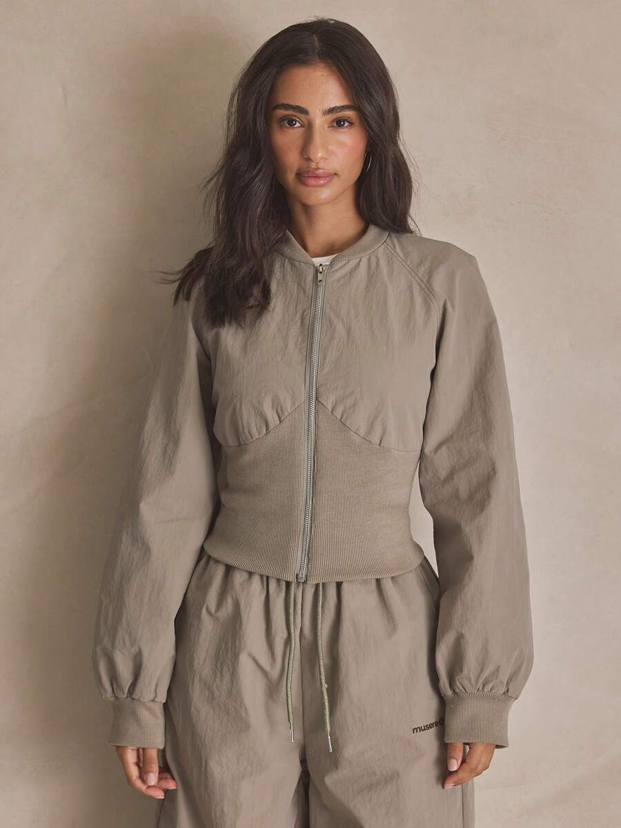 MUSERA Cinched Nylon Zip Through Cropped Jacket Summer, Sporty, Casual, Day, Streetstyle, Streetwear - Olive Green - View 1