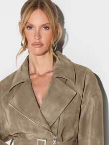 KIZN Cropped Suedette Biker Jacket With Belted Waist And High Neck Zipper Detail For Fall Winter - Brown - View 5