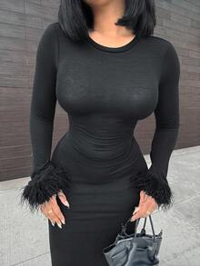 Alexandranx New Stylish Contrast Panel Cinched Waist Slim Fit Long Solid Black Stretchy Dress - Black - View 6