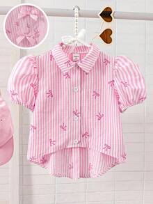 Young Girls Striped Bow Back Split Shirt, Pink - Multicolor - View 8