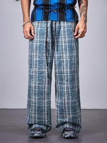 Manfinity VCAY Pantalones casuales holgados de tela tejida a cuadros con bolsillo y amarre delantero para hombre - Azul - Ver 6