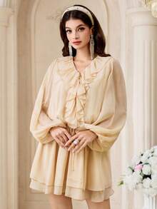 Modelyn 香槟色雪纺荷叶边V领迷你连衣裙 - 长灯笼袖、抽绳腰身和层叠裙摆，浪漫风格，适合新娘送礼会、约会之夜和度假；女士纯色荷叶边领灯笼袖时尚迷你连衣裙；米色灯笼袖连衣裙；奶油色连衣裙；法式优雅连衣裙；情人节服装 - 杏色 - 查看 7