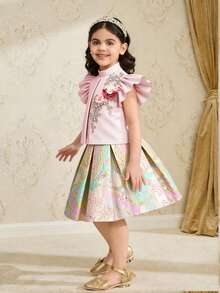 Girls Light Pink Summer Party Elegant Set,3D Floral Applique Ruffle Armhole Puff Sleeve Top And Jacquard Skirt,Pastel Flower Embroidered Blouse Dress - Pink - View 4