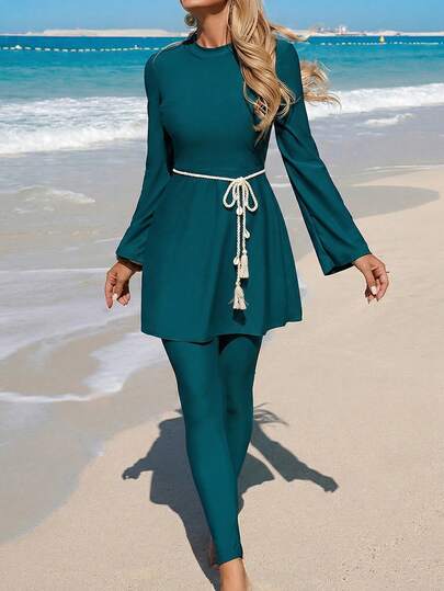 Swim Mulvari New Olive Green Shell Decor Waist Belt, Mature Fashion Beach Resort Women Burkini Swimsuit