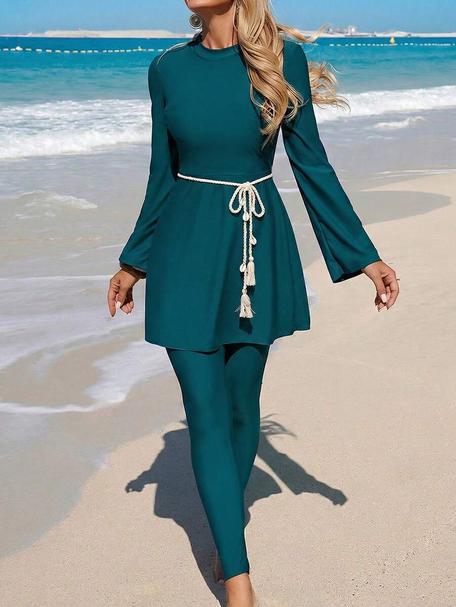 Swim Mulvari New Olive Green Shell Decor Waist Belt, Mature Fashion Beach Resort Women Burkini Swimsuit - Dark Green - View 1