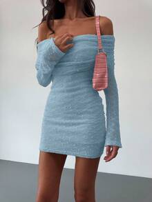 Aloruh Elegant Solid Color Off Shoulder Dress, Casual & Party Wear - Baby Blue - View 6