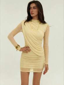 Aloruh Women's Autumn/Winter Ruched Waist Hollow Out Bodycon Mini Dress - Apricot - View 1