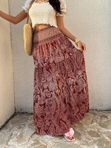 Sunnyshic Women's Bohemian Print Skirt, Casual Holiday Daily Wear, Spring/Summer - Burgundy - View 5