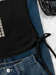 Attitoon 复古水钻十字装饰抽绳系带露脐吊带背心，适合春夏穿着，风格包括复古、休闲、性感、可爱、Y2K、椰子女孩、波西米亚风、度假、春假、早午餐、浅蓝色、闺蜜旅行、霓虹海滩风、波西米亚风、嬉皮风、音乐节、夏季等。 - 彩色 - 查看 3