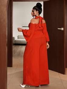 Maweii Damen Große Größen 2-teiliges Set, Langarm-Top und Lässig Hose, geeignet für Outdoor und Pendeln, Frühling/Sommer - Orange - Übersicht 3